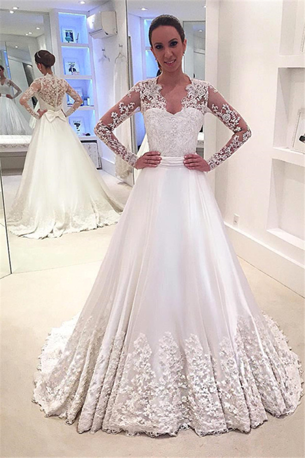 Brautkleider Lang Ärmel V Ausschnitt Weiß Brautmoden Mit Spitze Hochzeitskleider