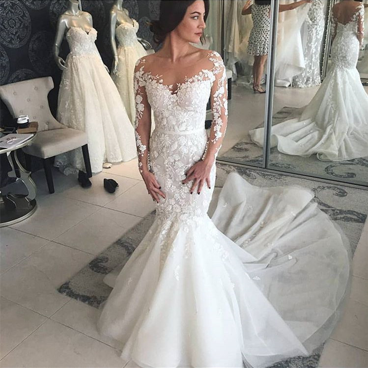 Modern Brautkleider mit Spitzenärmel | Hochzeitskleid Meerjungfrau Online