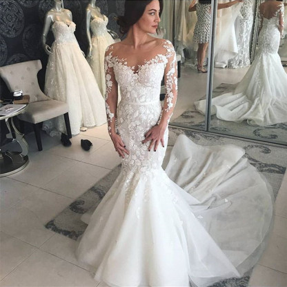 Modern Brautkleider mit Spitzenärmel | Hochzeitskleid Meerjungfrau Online