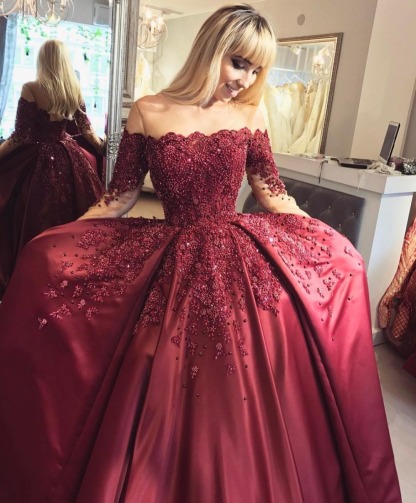 Weinrot Abendkleider Lang Mit Ärmel Prinzessin Kleider Abendmoden Online