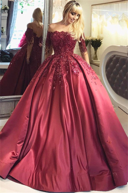 Weinrot Abendkleider Lang Mit Ärmel Prinzessin Kleider Abendmoden Online