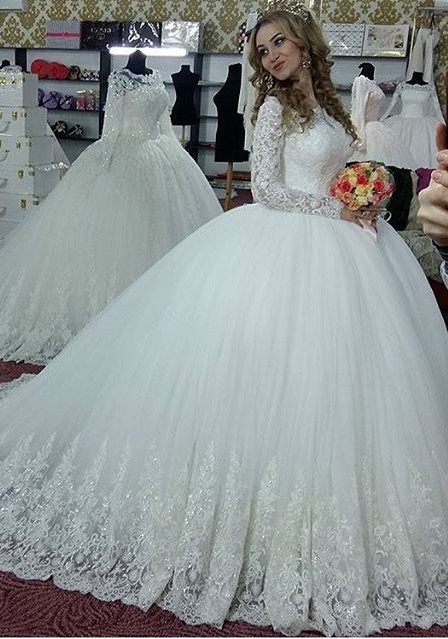 Designer Weiß Brautkleider Lang Ärmel Mit Spitze Prinzessin Tüll Brautmoden Hochzeitskleider
