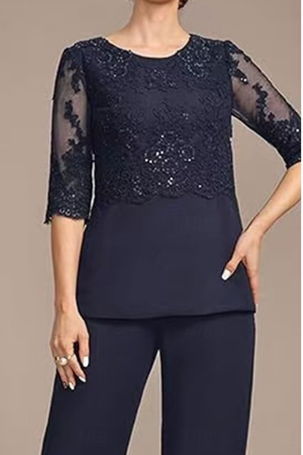 Navy Blaue Festliche Mutter Hosenanzug Chiffon Brautmutterkleider Günstig-babyonlinedressde