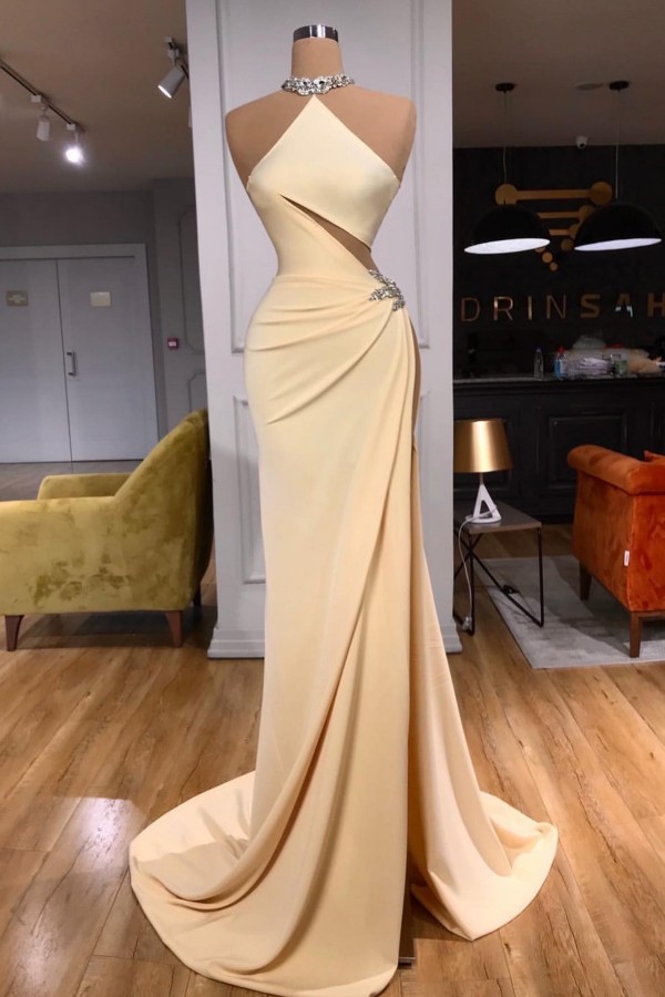 Champagner Abendkleider Lang Günstig Halter Ballkleider mit Glitzer