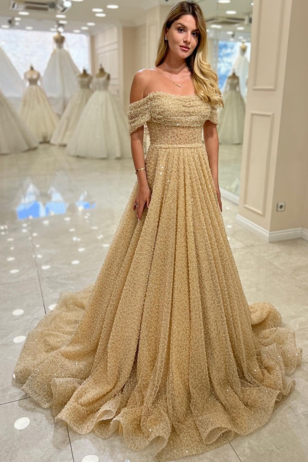 Golden Brautkleider A Linie Glitzer Hochzeitskleider Brautmode