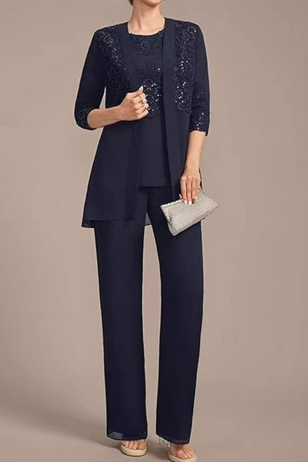 Navy Blaue Festliche Mutter Hosenanzug Chiffon Brautmutterkleider Günstig-babyonlinedressde