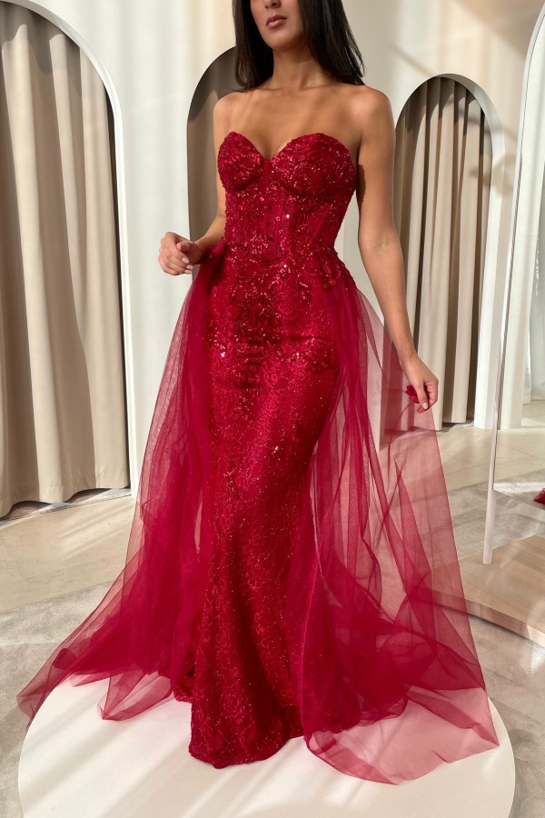 Elegante Abendkleider Lang Rot | Abiballkleider Spitze Günstig