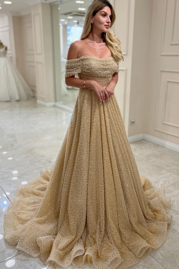 Golden Brautkleider A Linie Glitzer Hochzeitskleider Brautmode