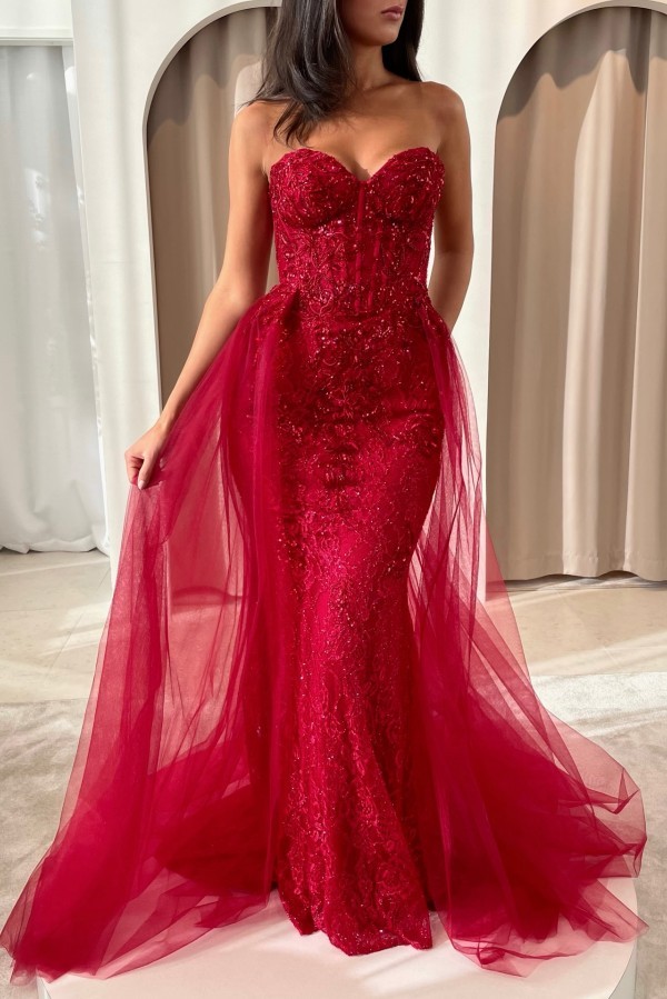 Elegante Abendkleider Lang Rot | Abiballkleider Spitze Günstig