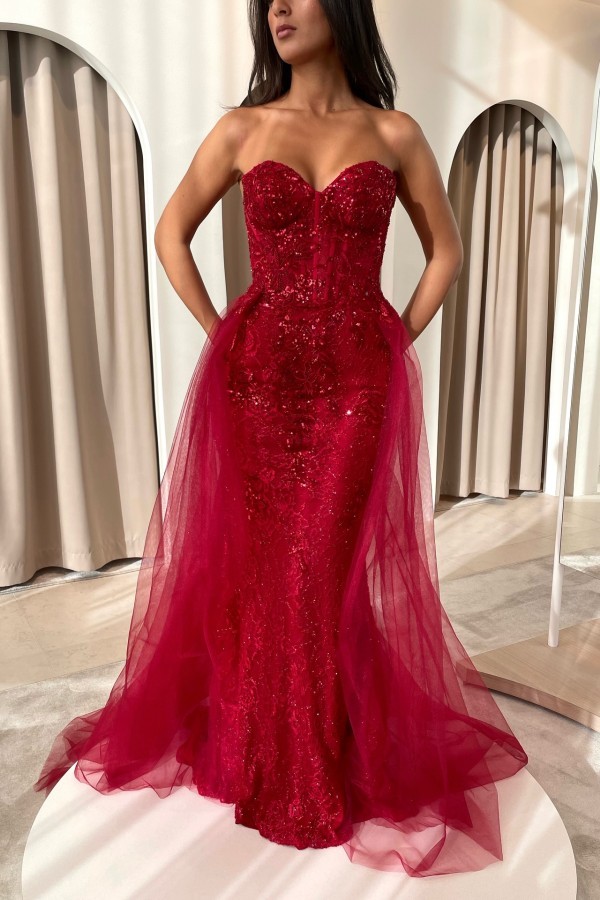 Elegante Abendkleider Lang Rot | Abiballkleider Spitze Günstig