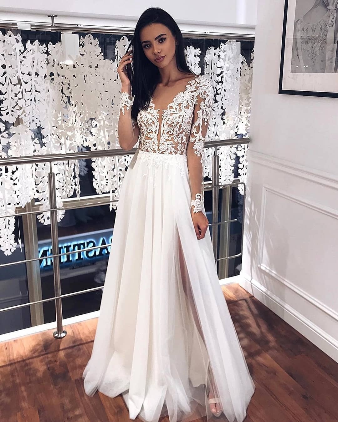 Schlichte Hochzeitskleider mit Ärmel | Chiffon Brautkleid mit Spitze