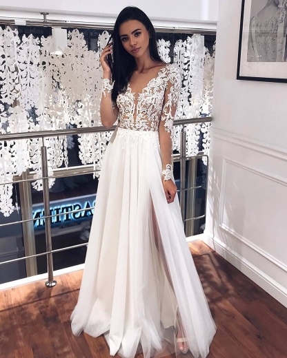 Schlichte Hochzeitskleider mit Ärmel | Chiffon Brautkleid mit Spitze