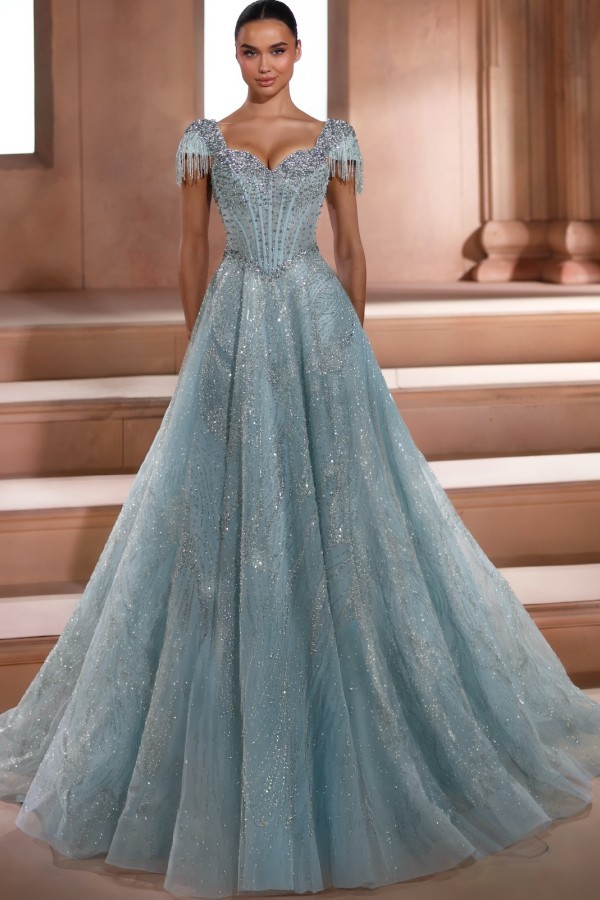 Elegante Abendkleider Lang Himmel Blau Ballkleid Abiballkleid Glitzer
