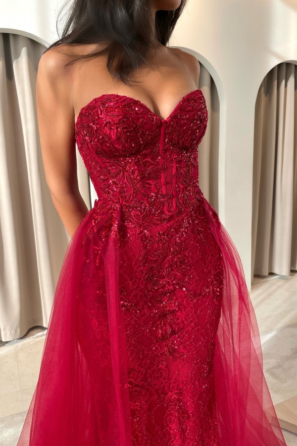 Elegante Abendkleider Lang Rot | Abiballkleider Spitze Günstig