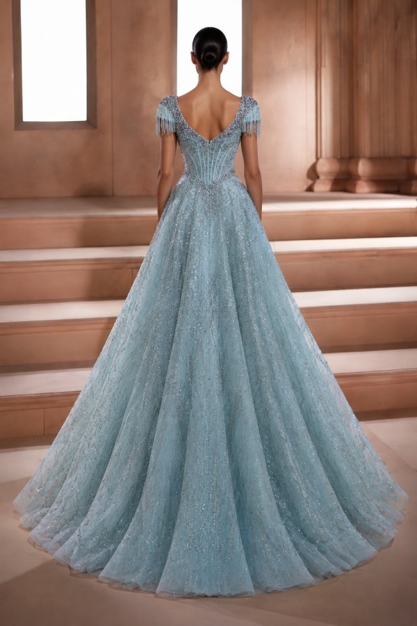 Elegante Abendkleider Lang Himmel Blau Ballkleid Abiballkleid Glitzer