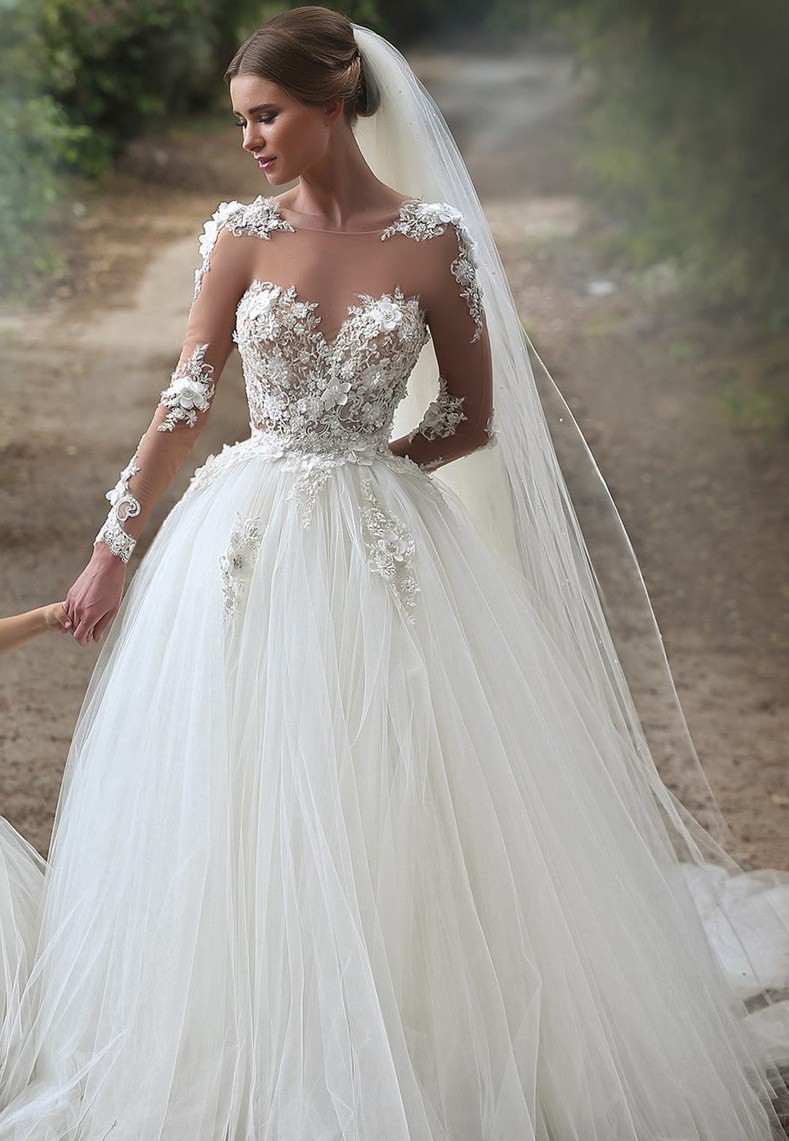 Elegante Brautkleider Weiße Spitze Mit Ärmel Prinzessin Hochzeitskleider Online