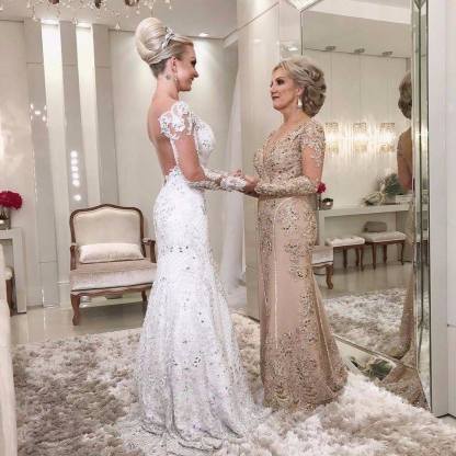 Golden Brautmutterkleider Spitze Mit Ärmel Günstig Abendkleider für Hochzeit Online