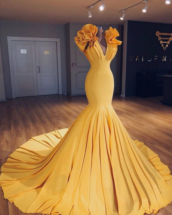 Fashion Gelb Lange Abendkleider Günstig Meerjungfrau Abiballkleider Abendmmoden Online