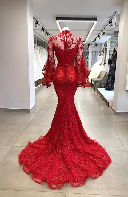 Elegante Abendkleider Rot Spitze | Abiballkleider Lang Mit Ärmel