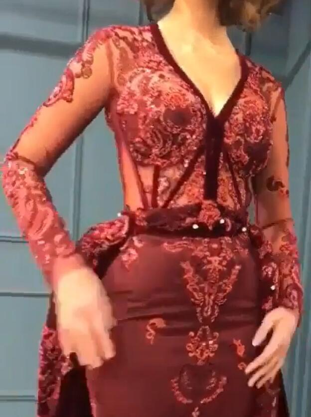 Burgundy Abendkleider mit Ärmel | Velvet Abendkleid Günstig Online