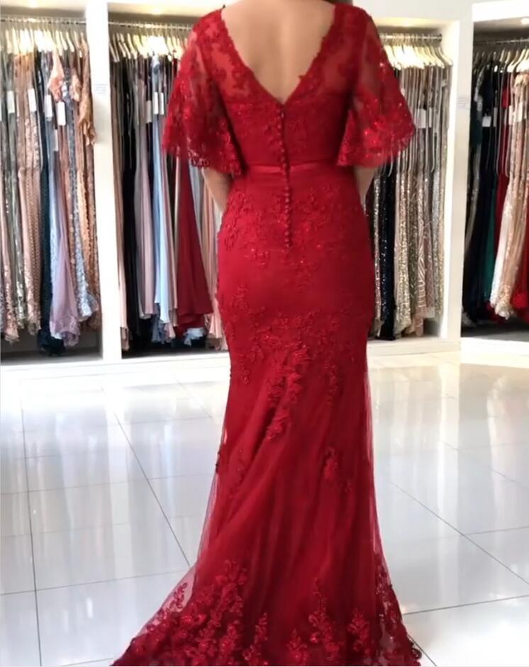 Elegante Abendkleider Lang Rot | Abendmoden Spitze mit Ärmel