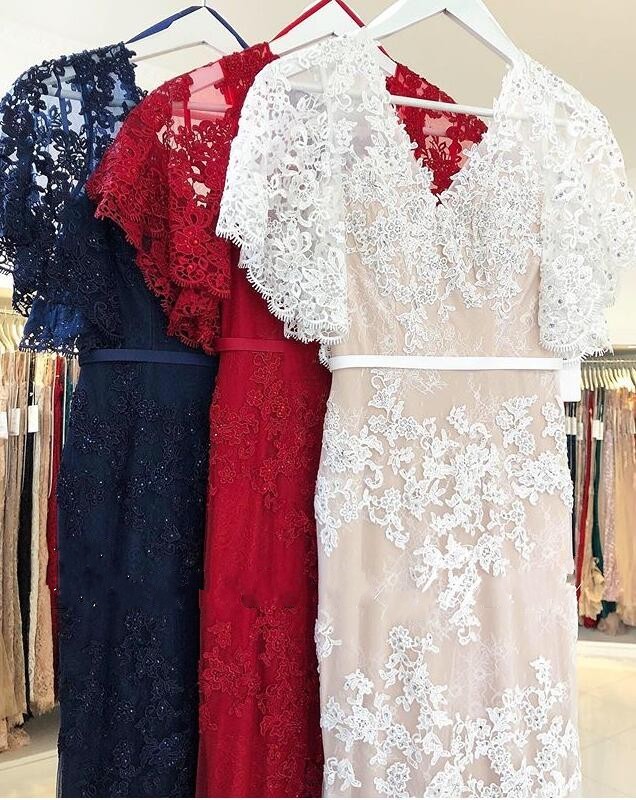 Elegante Abendkleider Lang Rot | Abendmoden Spitze mit Ärmel