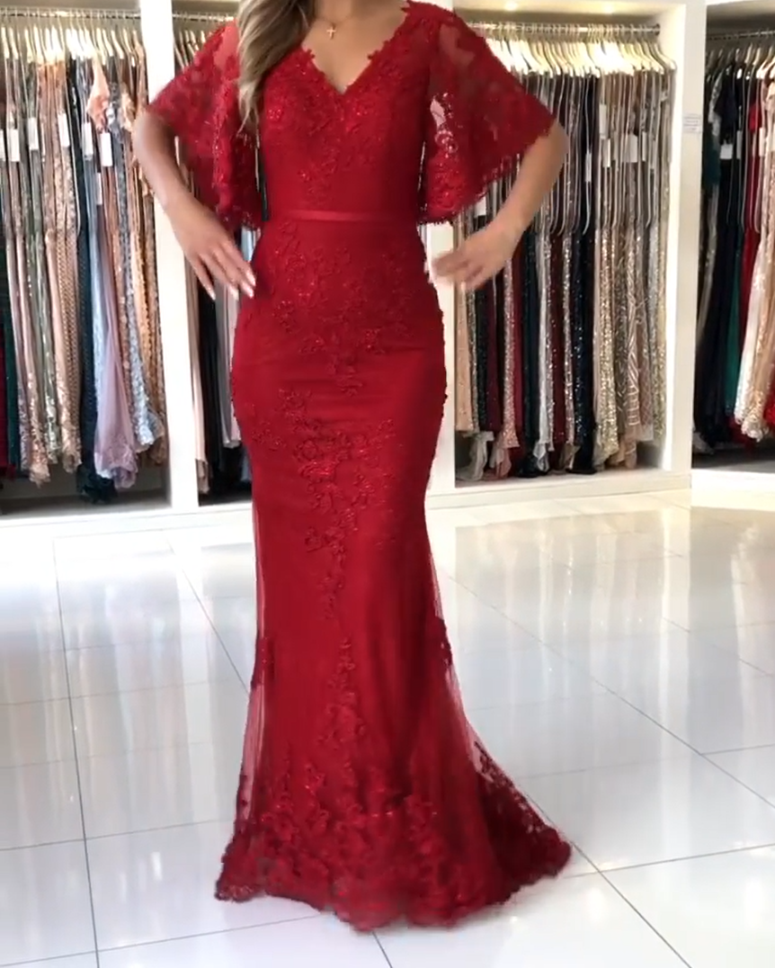 Elegante Abendkleider Lang Rot | Abendmoden Spitze mit Ärmel