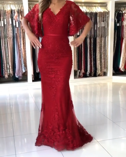 Elegante Abendkleider Lang Rot | Abendmoden Spitze mit Ärmel