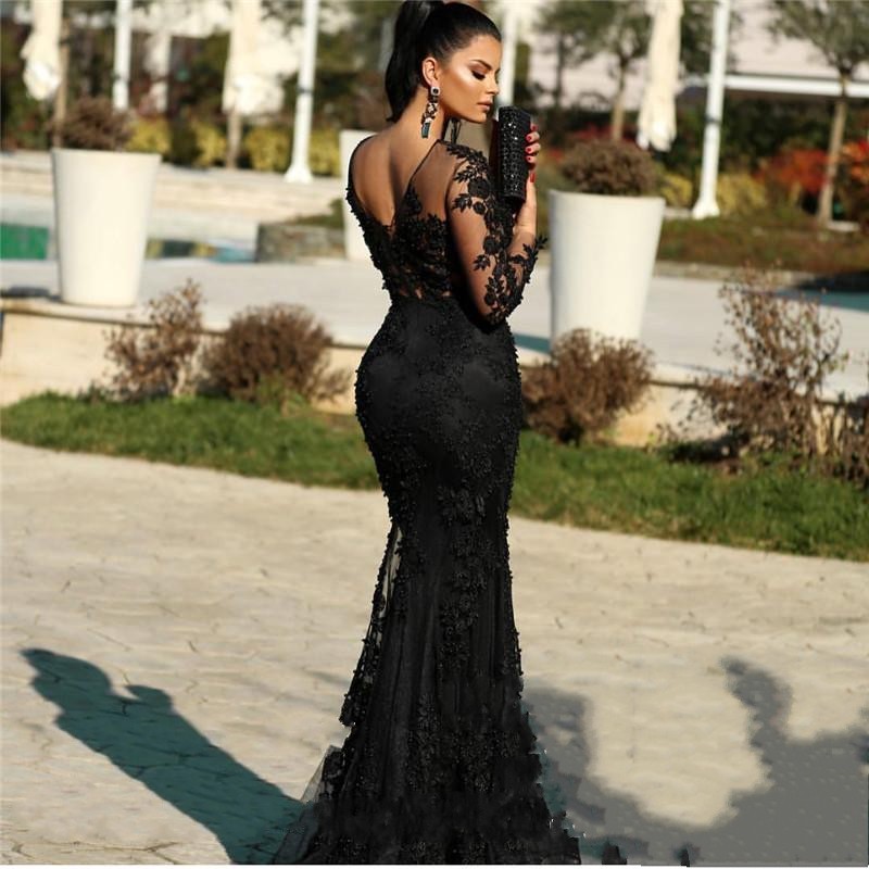 Elegante Abendkleider Lang Schwarz | Spitze Abiballkleider Mit Ärmel