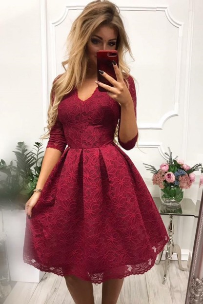 Weinrote Cocktailkleider Mit Ärmel | Spitze Ballkleider Abiballkleider Kurz-babyonlinedressde