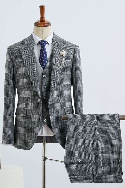 Broderick Gray Small Plaid Notched Lapel One Button Tailored Business Suit-babyonlinedressde