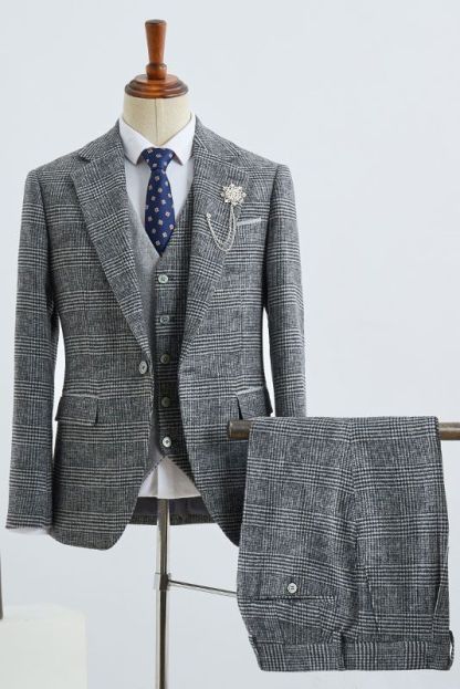 Broderick Gray Small Plaid Notched Lapel One Button Tailored Business Suit-babyonlinedressde