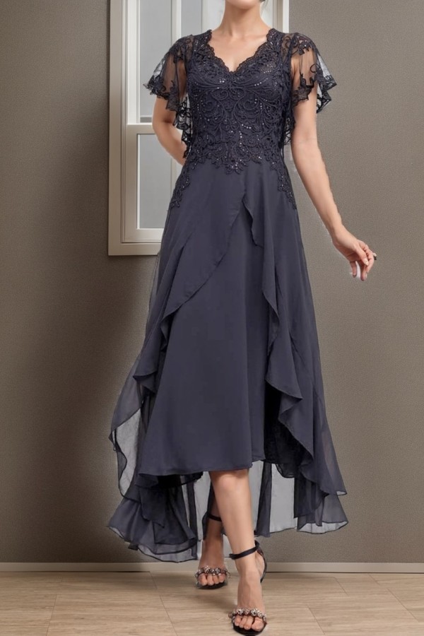 Graue Brautmutterkleider Kurz Chiffon Kleider Für Brautmutter mit Spitze