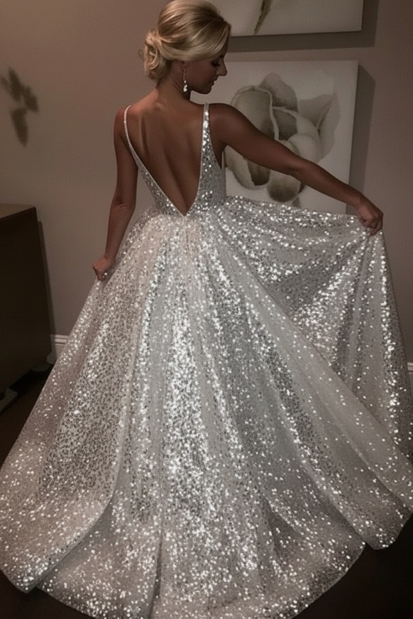 Elegante Abendkleider Lang Weiß Pailletten A Line Abiballkleider Günstig Online