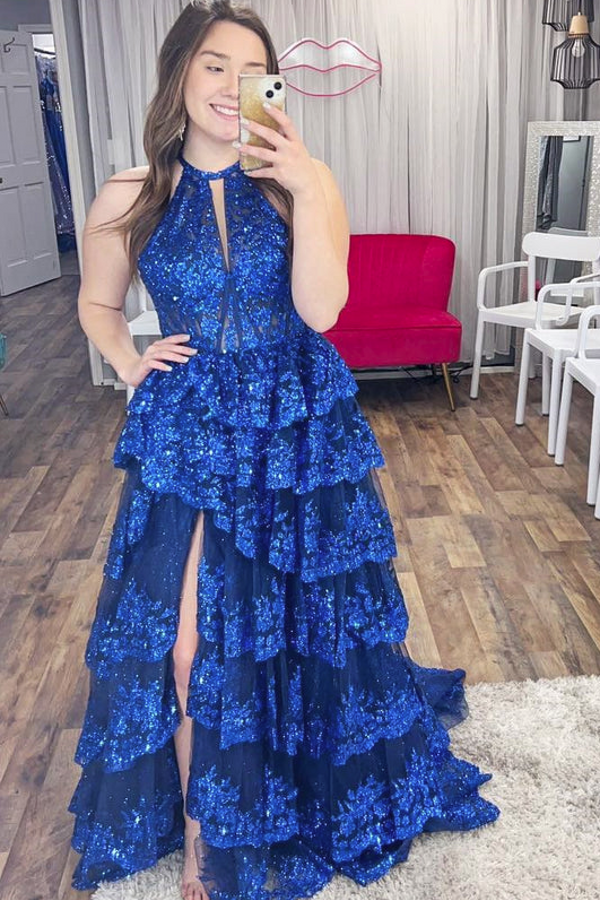 König Blaue Ballkleider Lang Glitzer Abendkleider Spitze