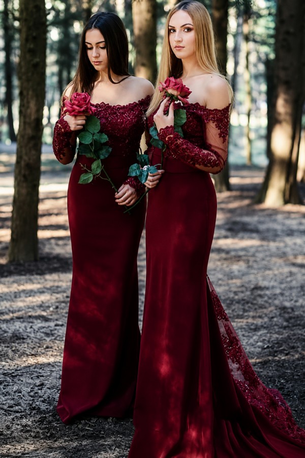 Weinrot Brautjungfernkleider Lang Günstig | Chiffon Spitze Kleider Online