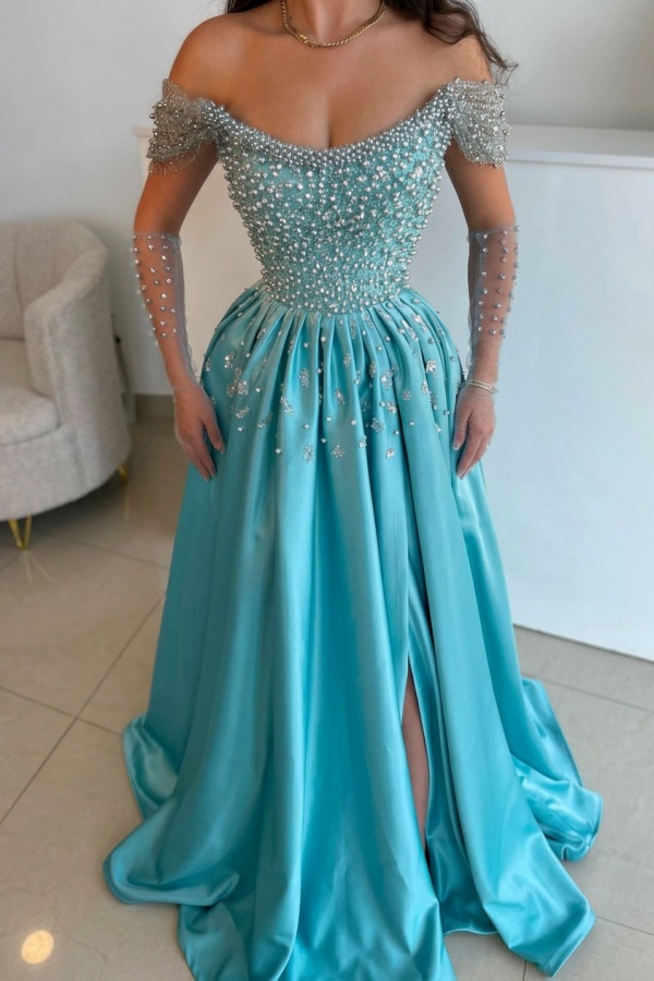 Luxus Abendkleider Lang Dusty Blau | Abiballkleider mit Glitzer