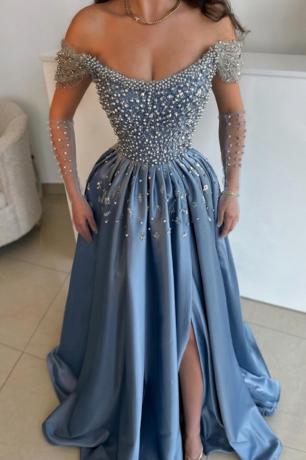 Luxus Abendkleider Lang Dusty Blau | Abiballkleider mit Glitzer