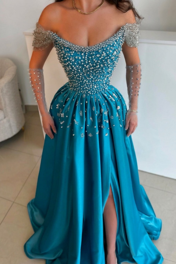 Luxus Abendkleider Lang Dusty Blau | Abiballkleider mit Glitzer