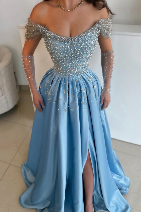 Luxus Abendkleider Lang Dusty Blau | Abiballkleider mit Glitzer