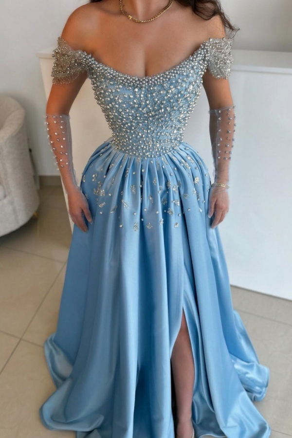 Luxus Abendkleider Lang Dusty Blau | Abiballkleider mit Glitzer