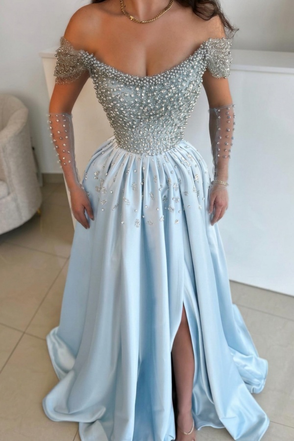 Luxus Abendkleider Lang Dusty Blau | Abiballkleider mit Glitzer