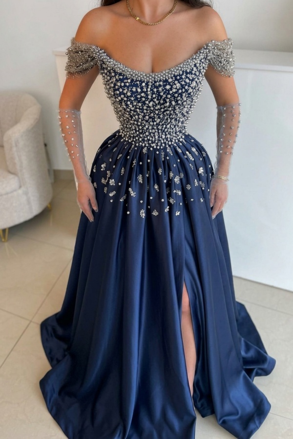 Luxus Abendkleider Lang Dusty Blau | Abiballkleider mit Glitzer