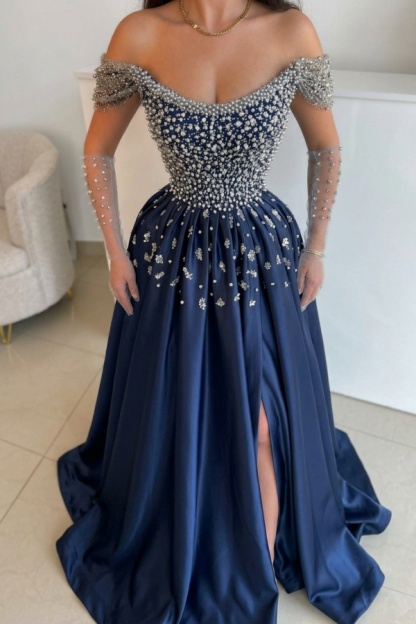 Luxus Abendkleider Lang Dusty Blau | Abiballkleider mit Glitzer