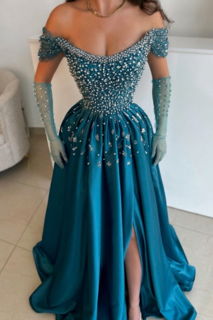 Luxus Abendkleider Lang Dusty Blau | Abiballkleider mit Glitzer