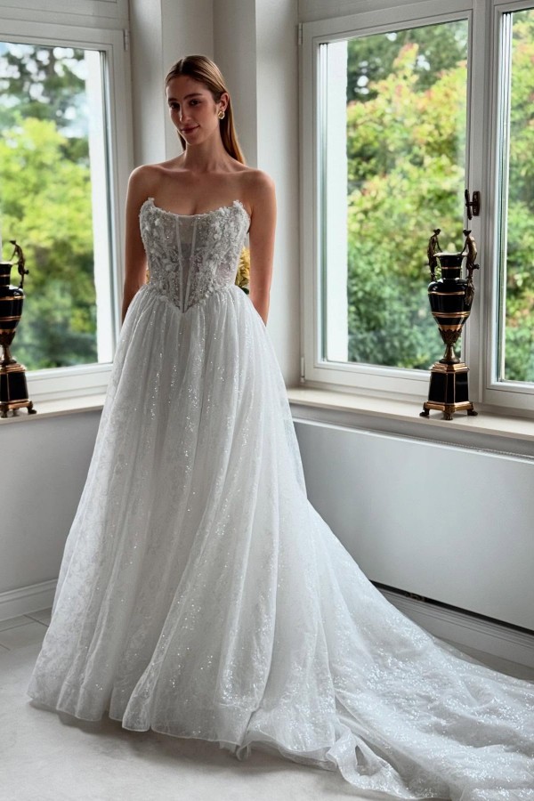 Wunderschöne Hochzeitskleider A Linie Glitzer Brautkleider Spitze