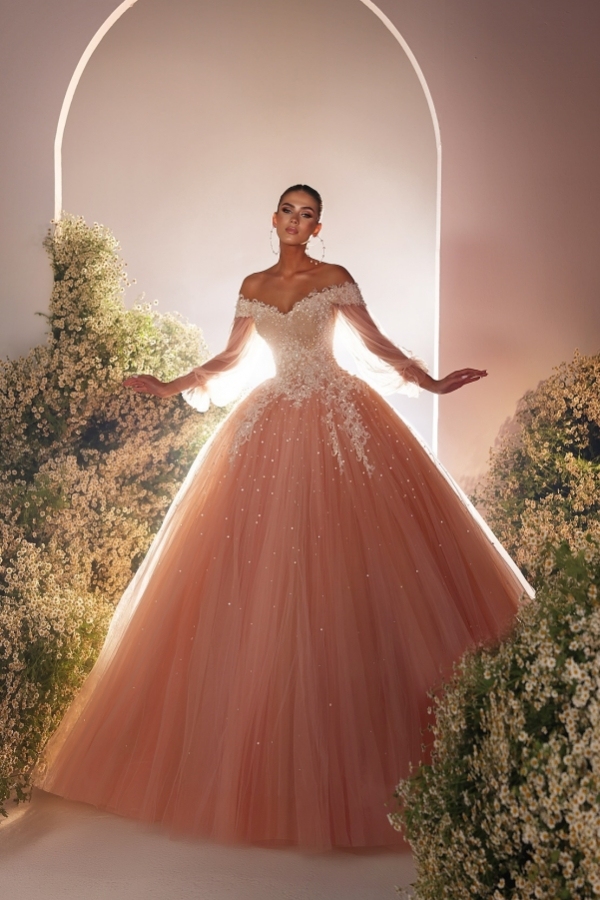 Wunderschöne Abendkleider Lang Peach | Abiballkleider Spitze mit Glitzer-babyonlinedressde