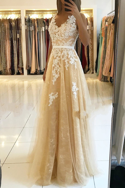 Fashion Abendkleider Champagner Spitze Lange Abendmoden Abiballkleider Online