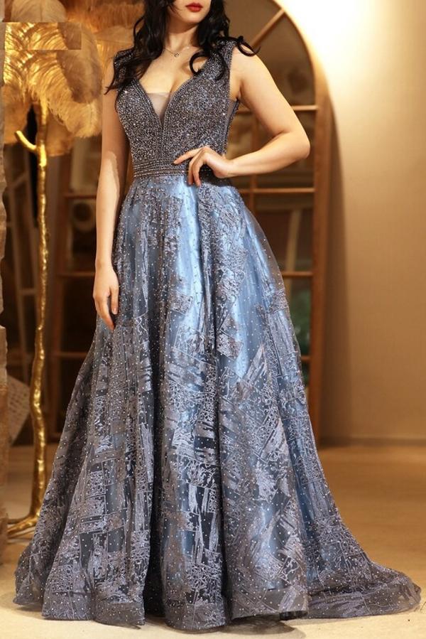 Blaues Abendkleid Lang V Ausschnitt | Abiballkleider mit Glitzer-babyonlinedressde