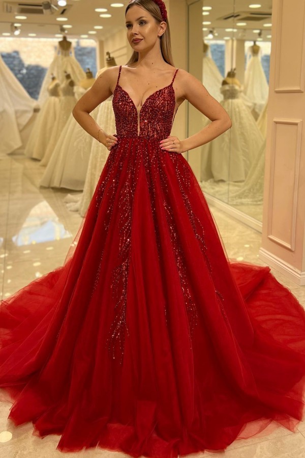 Designer Abendkleider Lang Glitzer Rote Ballkleider Günstig